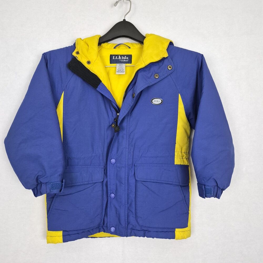 VTG L.L.Bean Kids Sz 8 Puffer Winter Jacket Yellow Blue Thinsulate Hooded Zip
